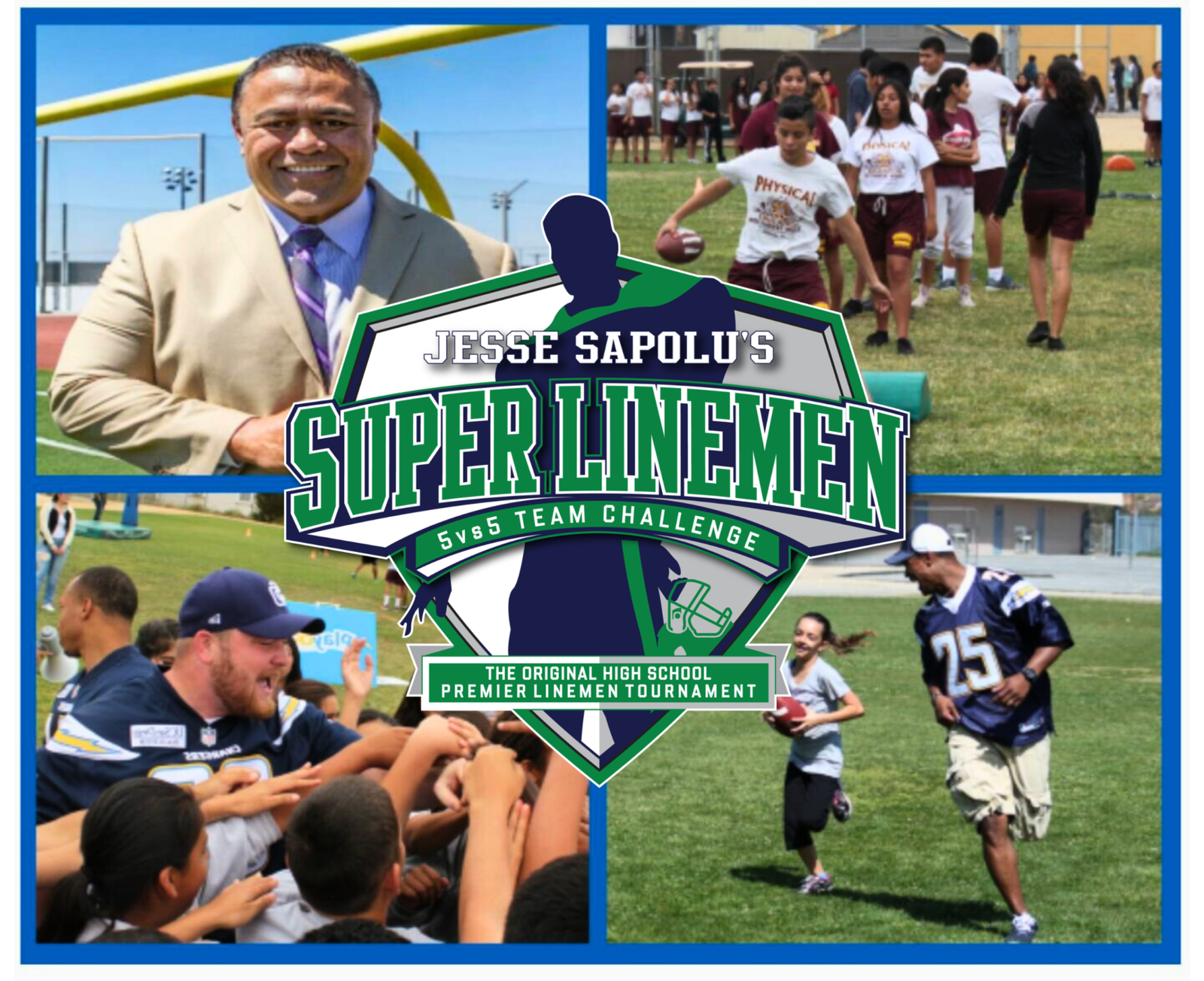 Super Linemen youth football event with students and athletes training on the field.