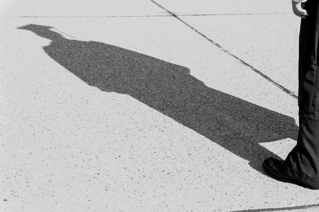 Home 2 graduated student wearing a cap an gown casting a shadow in a black and white image.