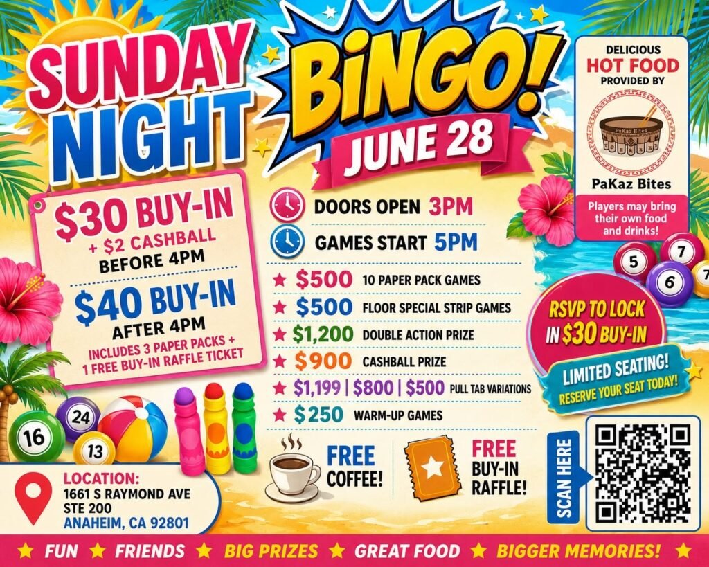 SDA Sunday Night Bingo in Anaheim – Win Big Cash Prizes June 28! 1 June Bingo Night