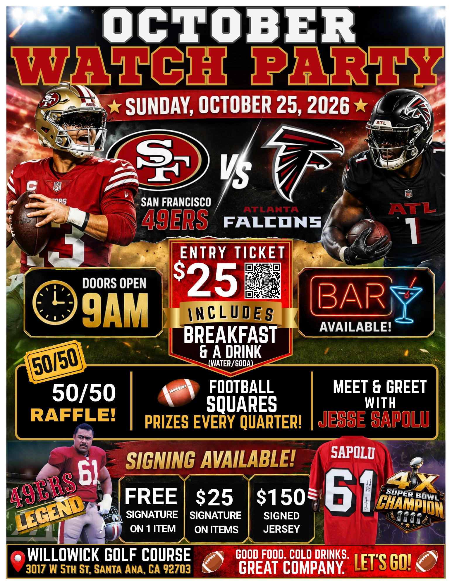 Ultimate & Unforgettable 49ers Watch Party in Orange County October 25, 2026 – Meet & Greet with Jesse Sapolu 1 49ers Watch Party Orange County