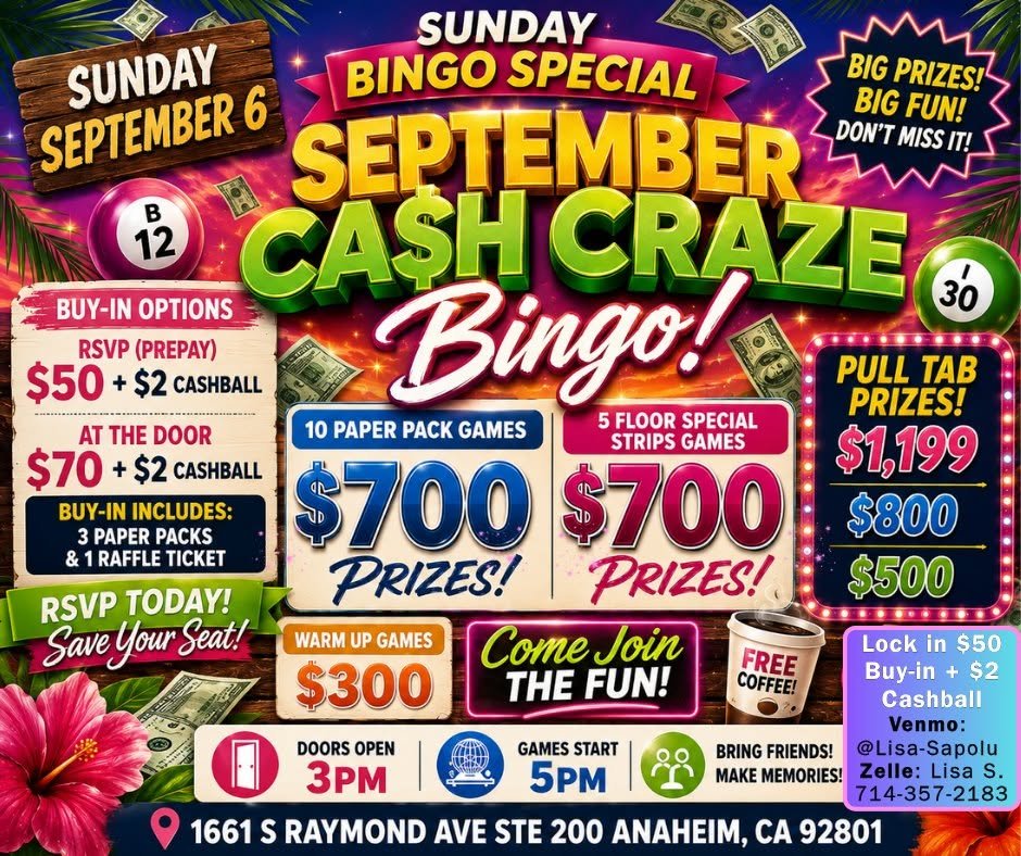 The Ultimate Sunday Bingo Night Fundraiser: Play, Win Big, and Empower Local Youth 1 September 6th Bingo Event