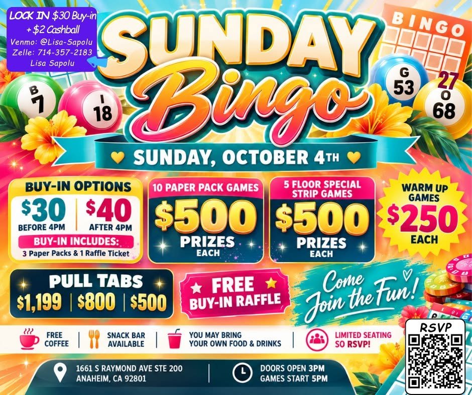 Sunday Bingo Fundraiser: Win Cash, Build Community, and Support SDA Foundation Youth 1 Bingo Flyer Fundraiser for October 4th, 2026